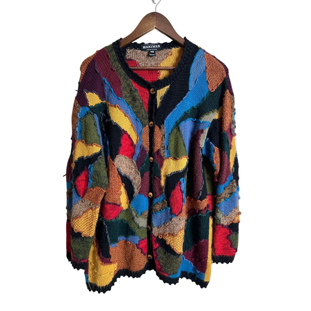Vintage Makiwan Limited Edition 100% Alpaca 3D Patchwork Cardigan Womans M